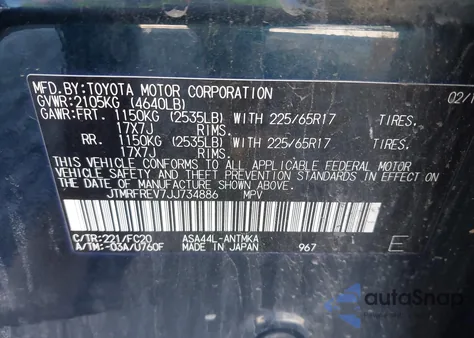 2018 Toyota Rav4 Adventure/Xle z USA, uszkodzony, nr VIN JTMRFREV7JJ734886